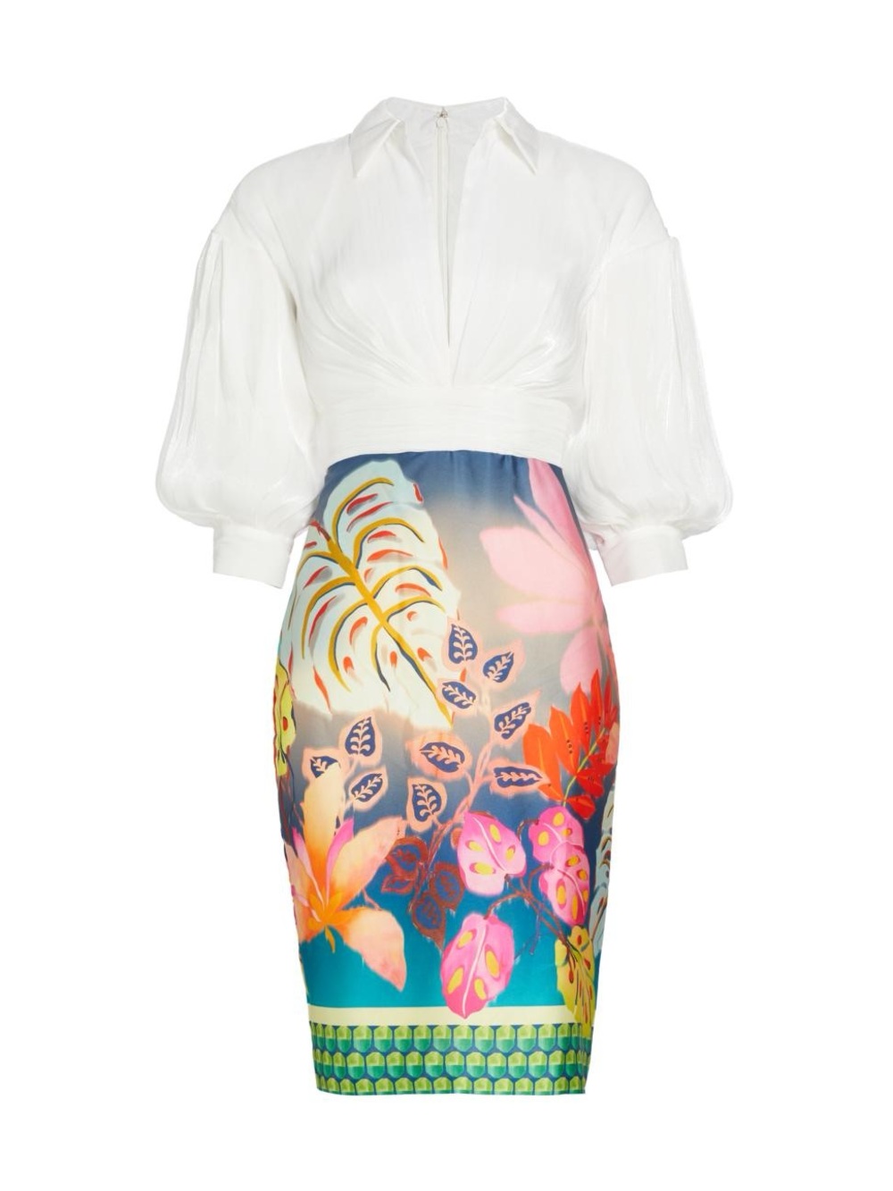 Badgley Mischka Collection
Ruched Floral-Print Balloon-Sleeve Midi Dress